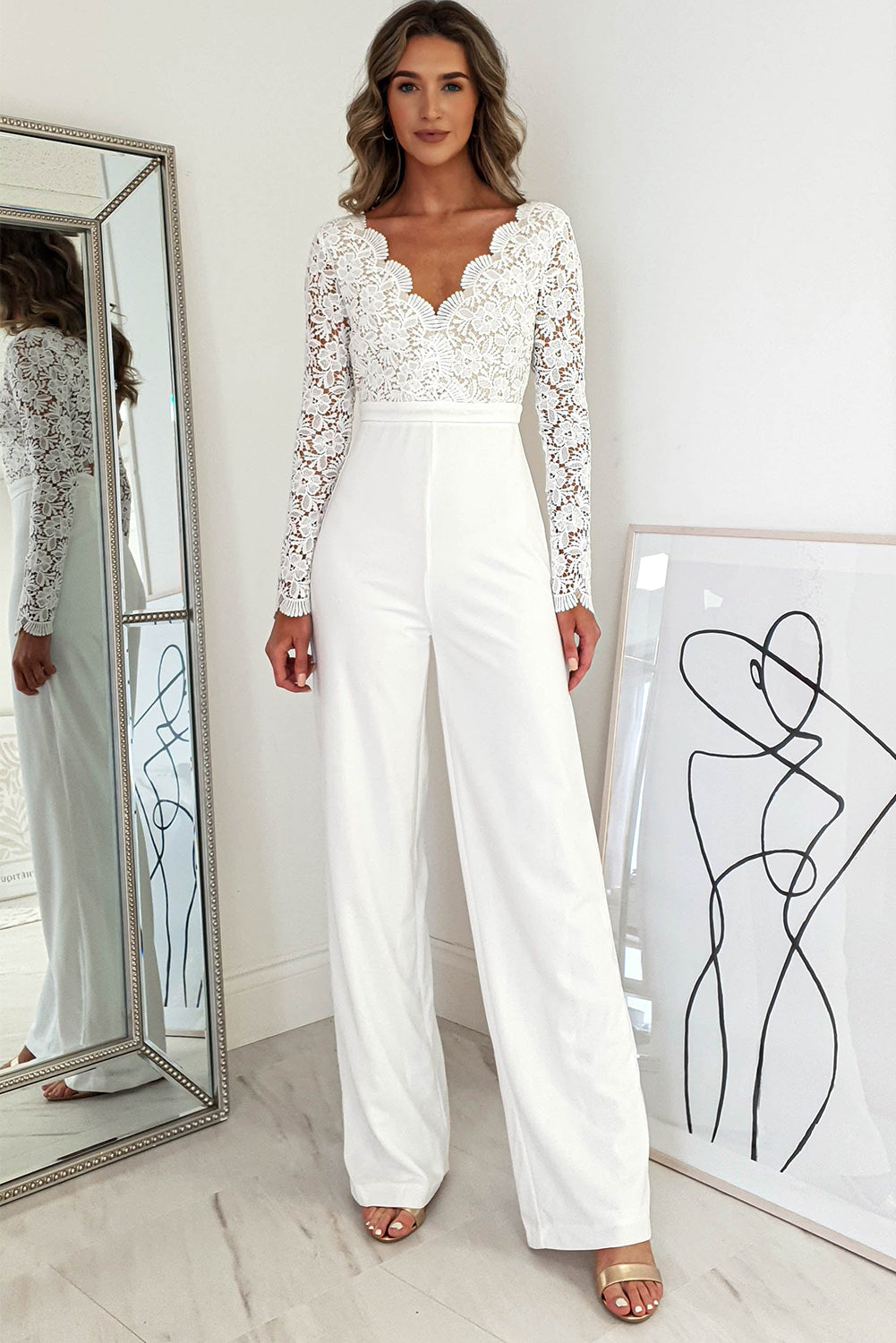 Scalloped V Neck Long Sleeve Lace Bodice High Waist Jumpsuit