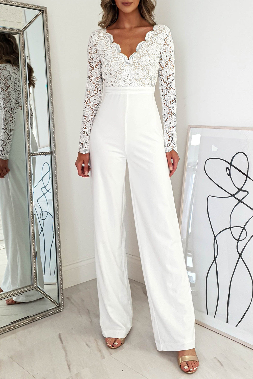 White Scalloped V Neck Long Sleeve Lace Bodice High Waist Jumpsuit