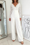 Scalloped V Neck Long Sleeve Lace Bodice High Waist Jumpsuit