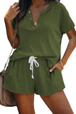 Buttoned Short Sleeve Top and Drawstring Shorts Lounge Set