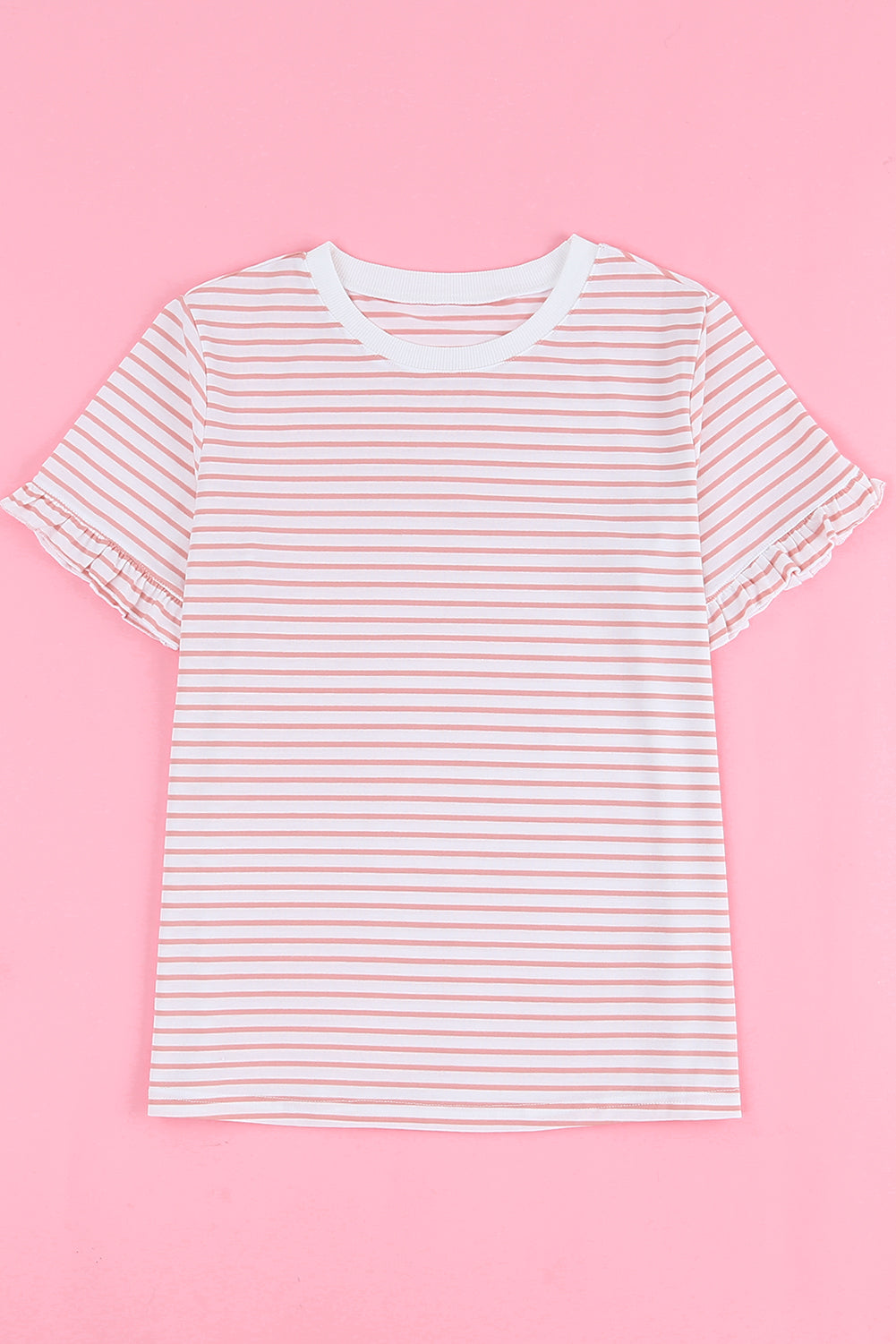 Pink Casual Striped Ruffle Sleeve Short Sleeve T-Shirt