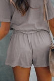 Buttoned Short Sleeve Top and Drawstring Shorts Lounge Set