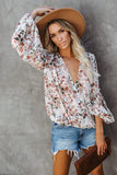 Multi-color Wrap V Neck Lantern Sleeve Floral Print Drape Blouse
