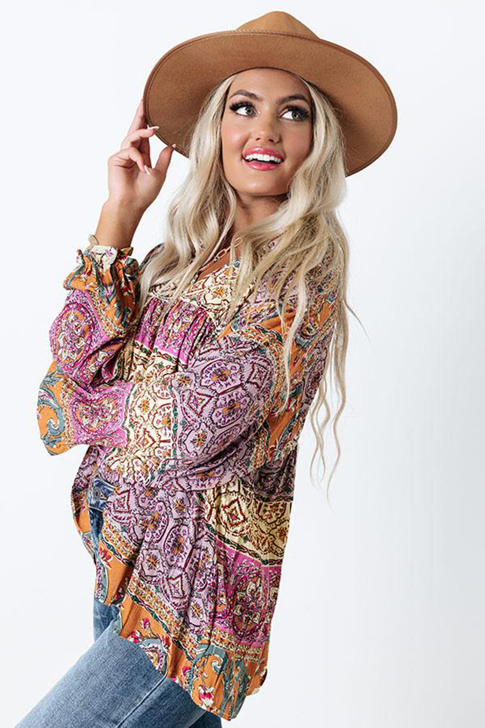 Multicolor Boho Print V Neck Bubble Sleeve Blouse