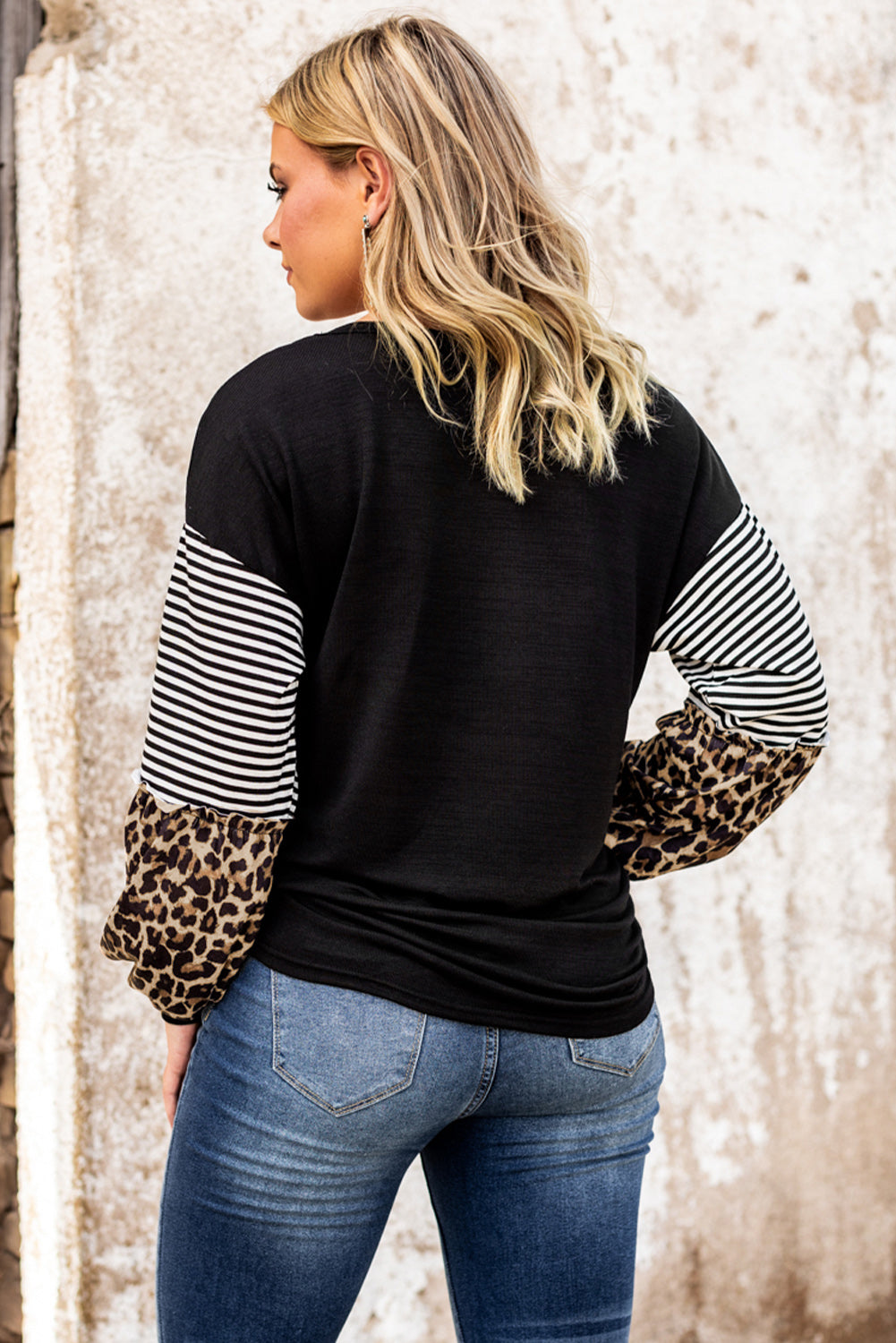 Fall Pumpkin Graphic Leopard Striped Sleeve Top