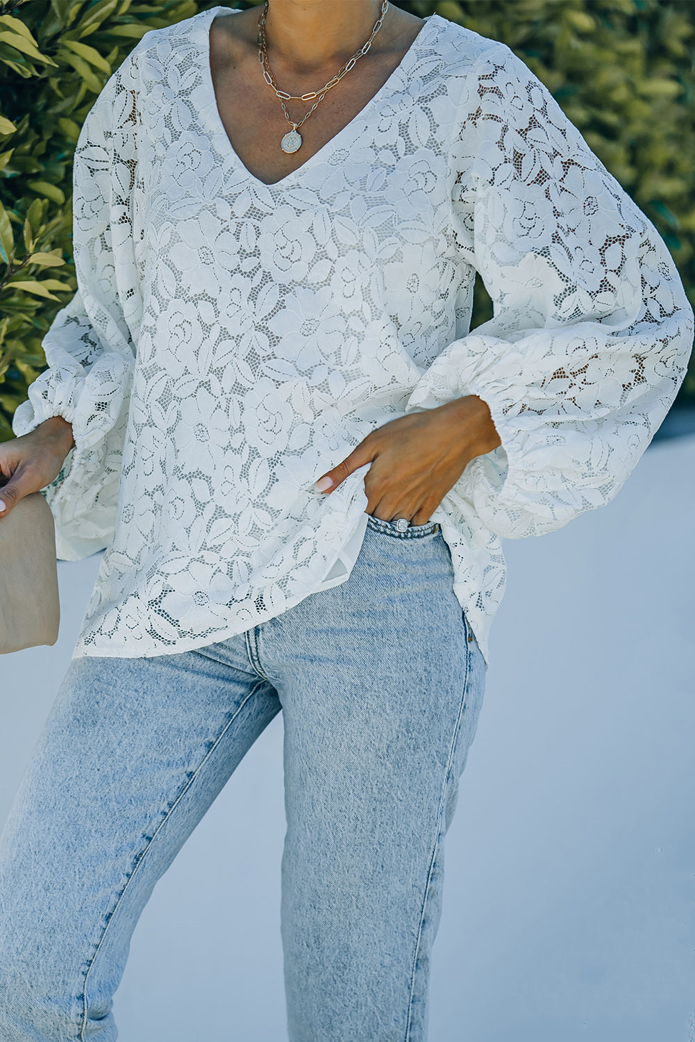 White Loose Puff Sleeve Lace Blouse