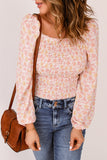 Pink Square Neck Puff Sleeve Floral Smocked Top