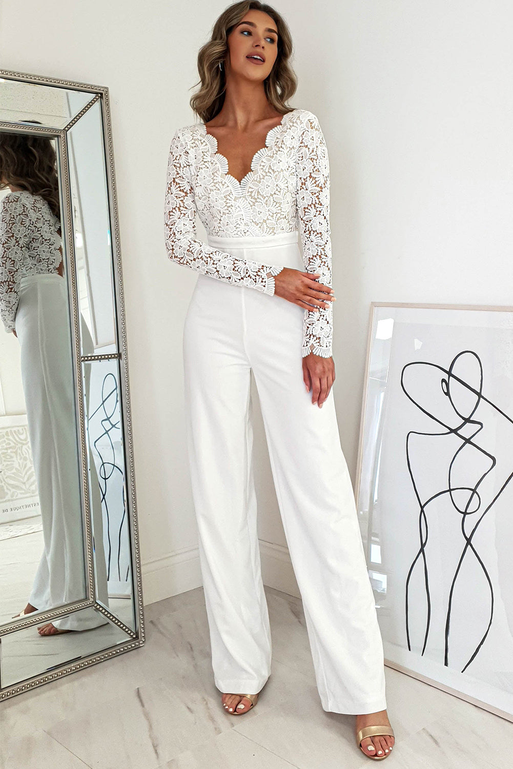 White Scalloped V Neck Long Sleeve Lace Bodice High Waist Jumpsuit