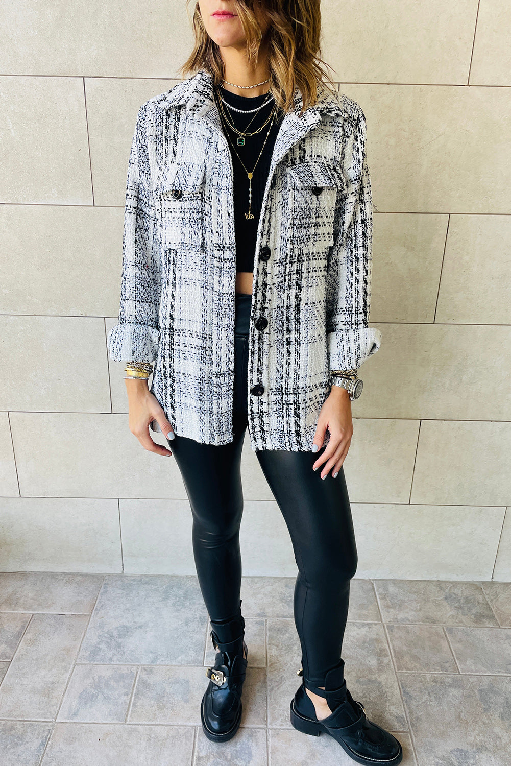 Plaid Print Pocketed Shirt Jacket