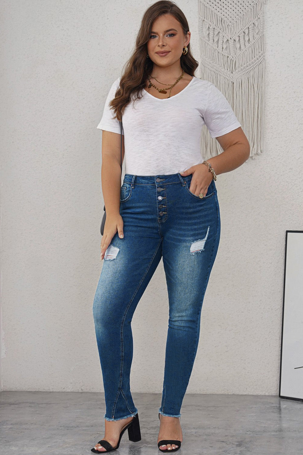 Plus Size High Rise Buttons Distressed Ankle Skinny Jeans