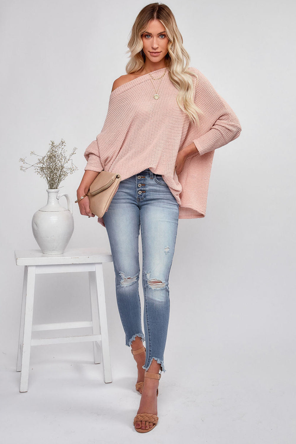 Pink Waffle Knit Eyelet Long Sleeve Blouse