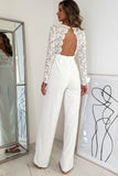 White Scalloped V Neck Long Sleeve Lace Bodice High Waist Jumpsuit
