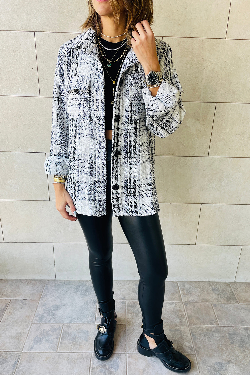 Plaid Print Pocketed Shirt Jacket