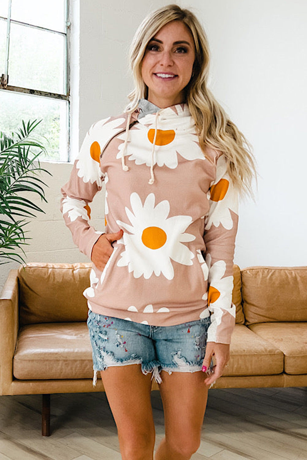 Daisy Print Zipped Doublehood Sweatshirt