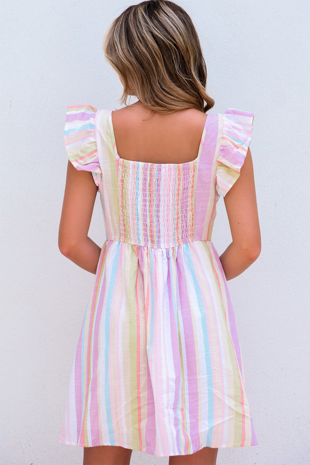 Striped Button Sweetheart Flutter Sleeve Dress