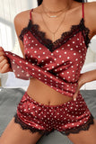 V Neck Sleeveless Lace Polka Dot Pajamas Set