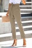 Khaki Casual Paperbag Waist Straight Leg Pants with Belt