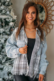 Sky Blue Plaid Patchwork Fringed Flap Pockets Denim Jacket