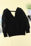 Sexy V Neck Surplice Hollow-out Sweater with Lace Sleeves