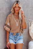 Beige Tassel Drawstring Embroidered Half Sleeve V Neck Top