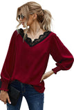 V Neck Lace Patchwork Green Blouse