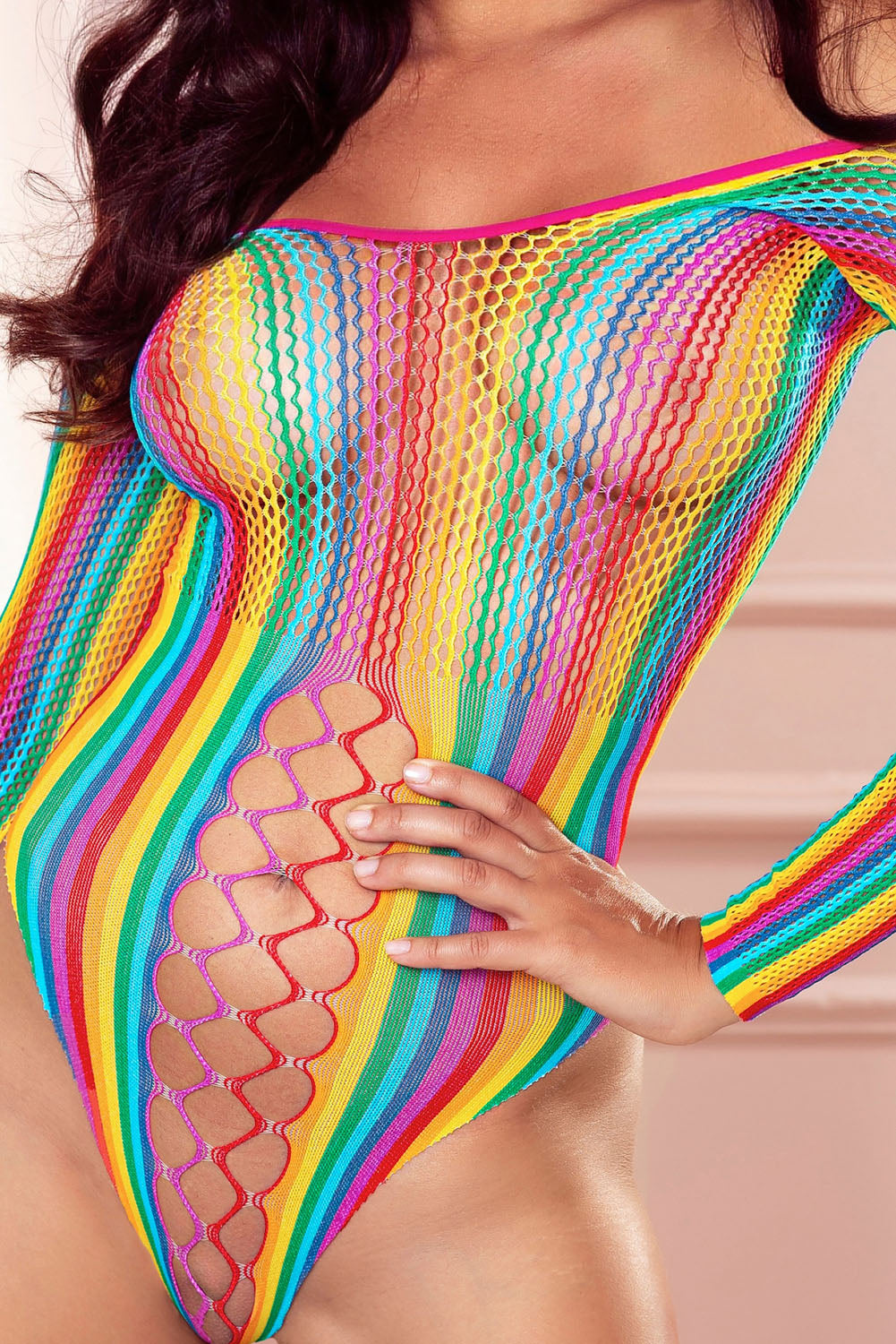 color Striped Color Block Mesh Crochet Long Sleeve Teddy