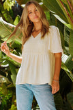 Beige V-Neck Crochet Detail Babydoll Top
