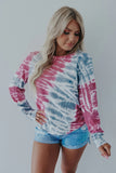 Rose Blue Tie Dye Print Long Sleeve Top