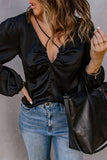 Black Ruched V Neck Puffy Sleeve Blouse