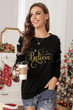 Believe Glitter Print Leopard Patchwork Pullover Sweatshirt