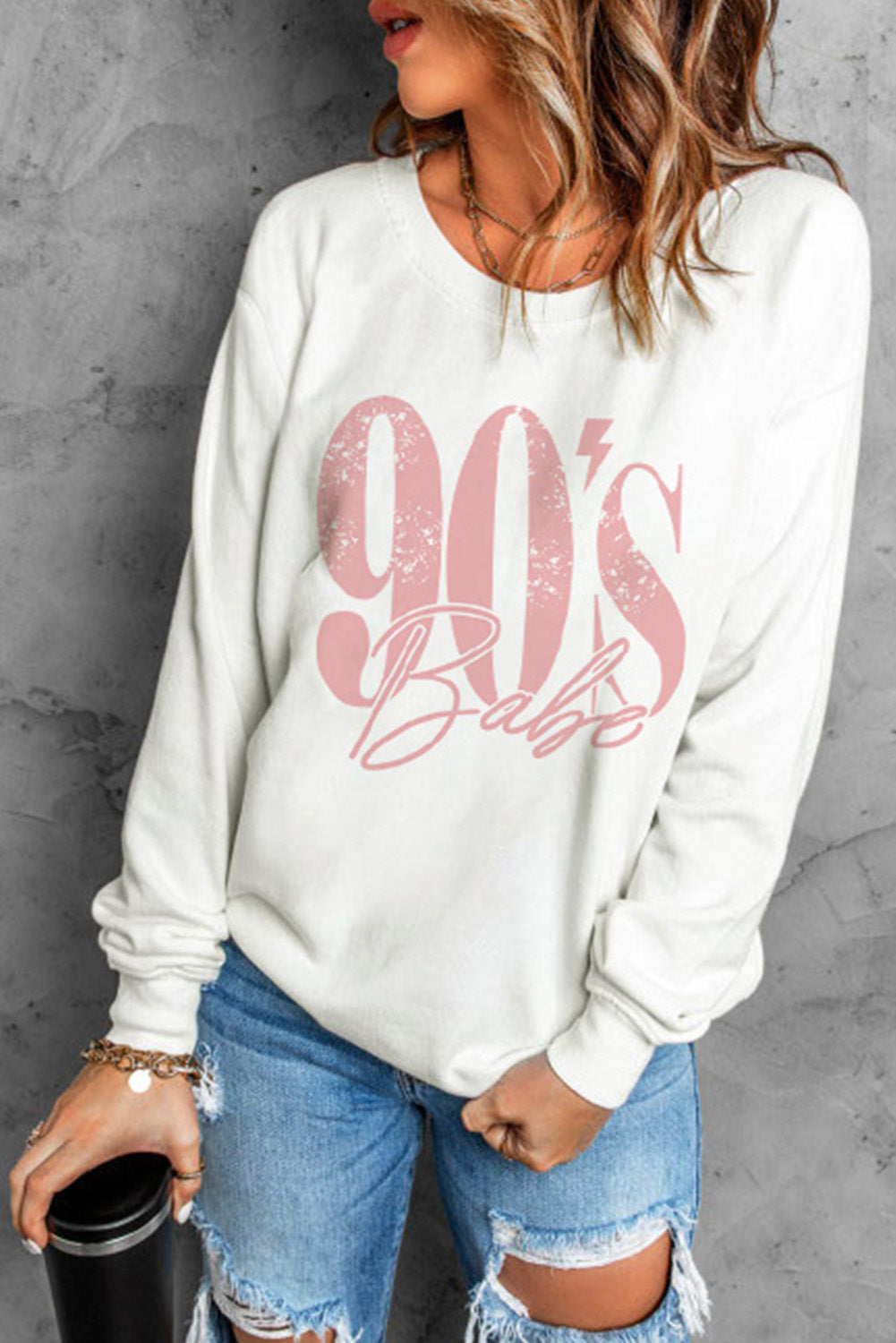 Beige Babe 90's Print Long Sleeve Graphic Sweatshirt