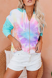 Zipper Drawstring Tie Dye Color Block Hoodie