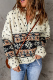 Apricot Tribal Printed Zipped Fleece Pullover Sweatshirt