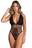 Deep V Lace Leopard Print Cross Cutout Back Bodysuit