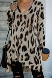 V Neck Leopard Knit Tunic Sweater with Slits