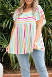 color Striped Ruffle Sleeve Plus Size Babydoll Top