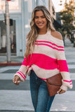Pink Striped Cold Shoulder Knit Sweater
