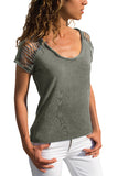 Gray Ripped Hollow Out Shoulder Tie Dye T-Shirt Top