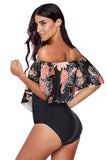 Printed Off Shoulder Flounce Overlay One-piece Swimwear