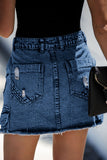 High Waist Distressed Denim Mini Skirt with Pocket