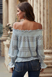Off Shoulder Ruffle Long Sleeve Smocked Waist Lace Crochet Blouse