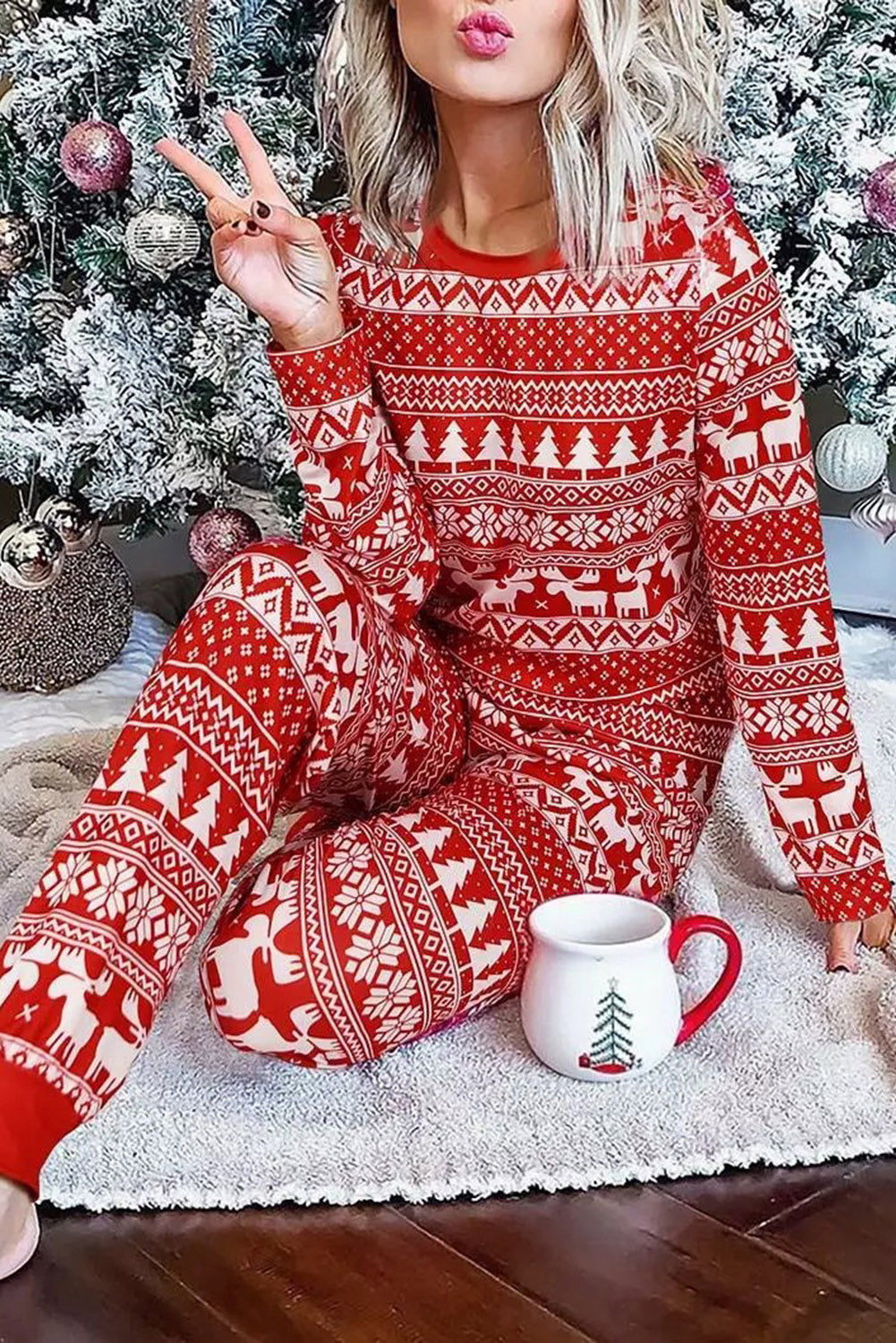 Christmas Tree Reindeer Pullover and Pants Lounge Set