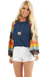 Multicolor Striped Balloon Sleeves Green Knit Top
