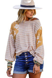 Striped Floral Splicing Lantern Sleeve Top
