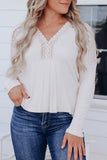 Lace Contrast V Neck Ribbed Long Sleeve Top