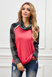 Cowl Neck Plaid Splice Casual Long Sleeve Top
