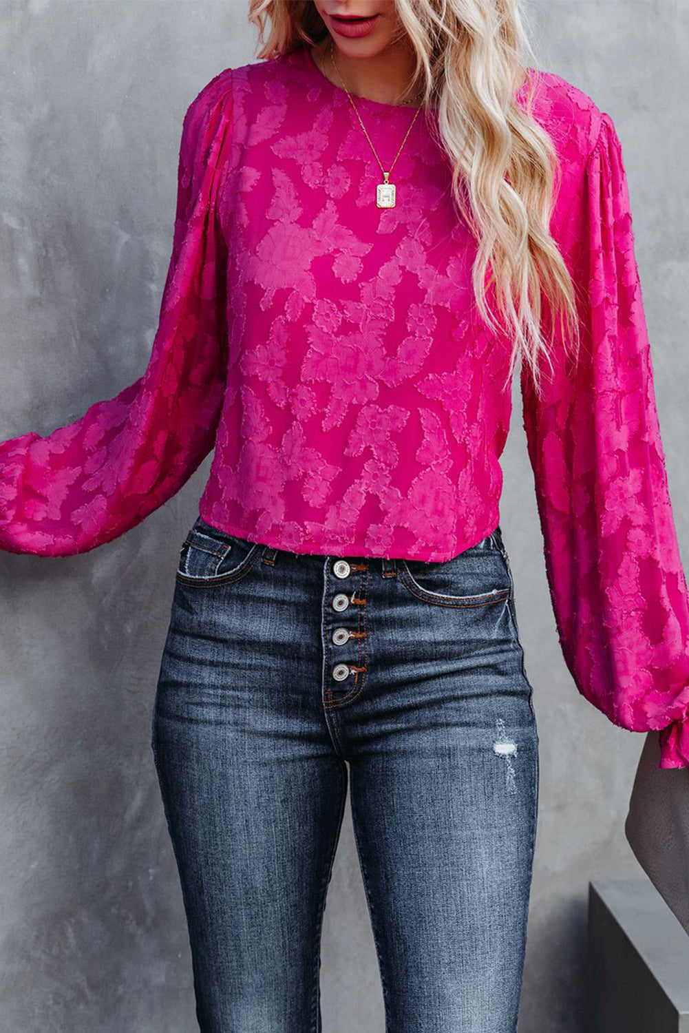 Floral Textured Lace-up Open Back Crop Blouse