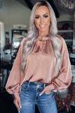 Twist High Neck Puff Sleeve Satin Blouse