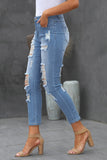 Light Blue Cut Out Distressed Ripped Pockets High Waisted Long Jeans