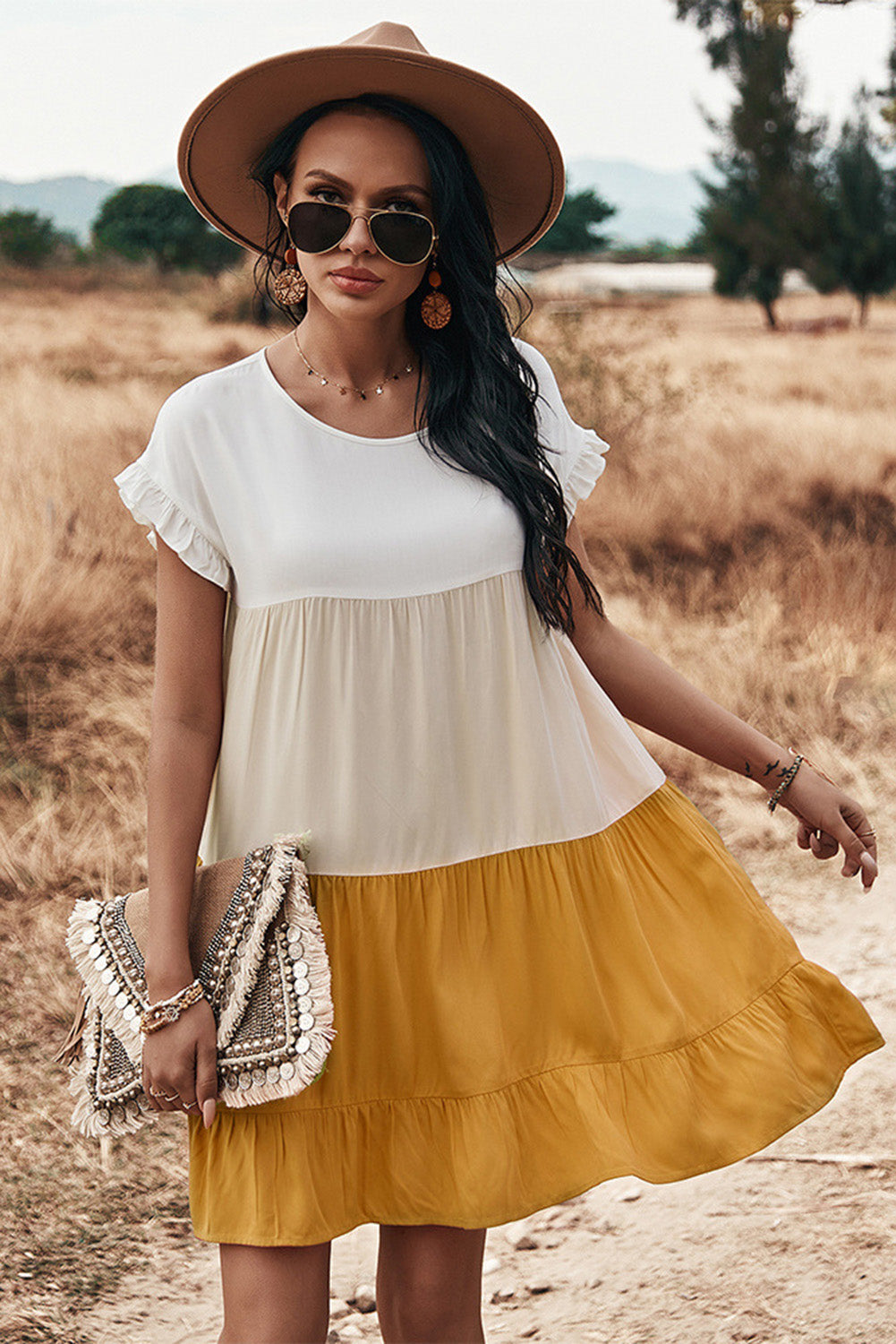 Color block frill ruffle hem dress hotsell